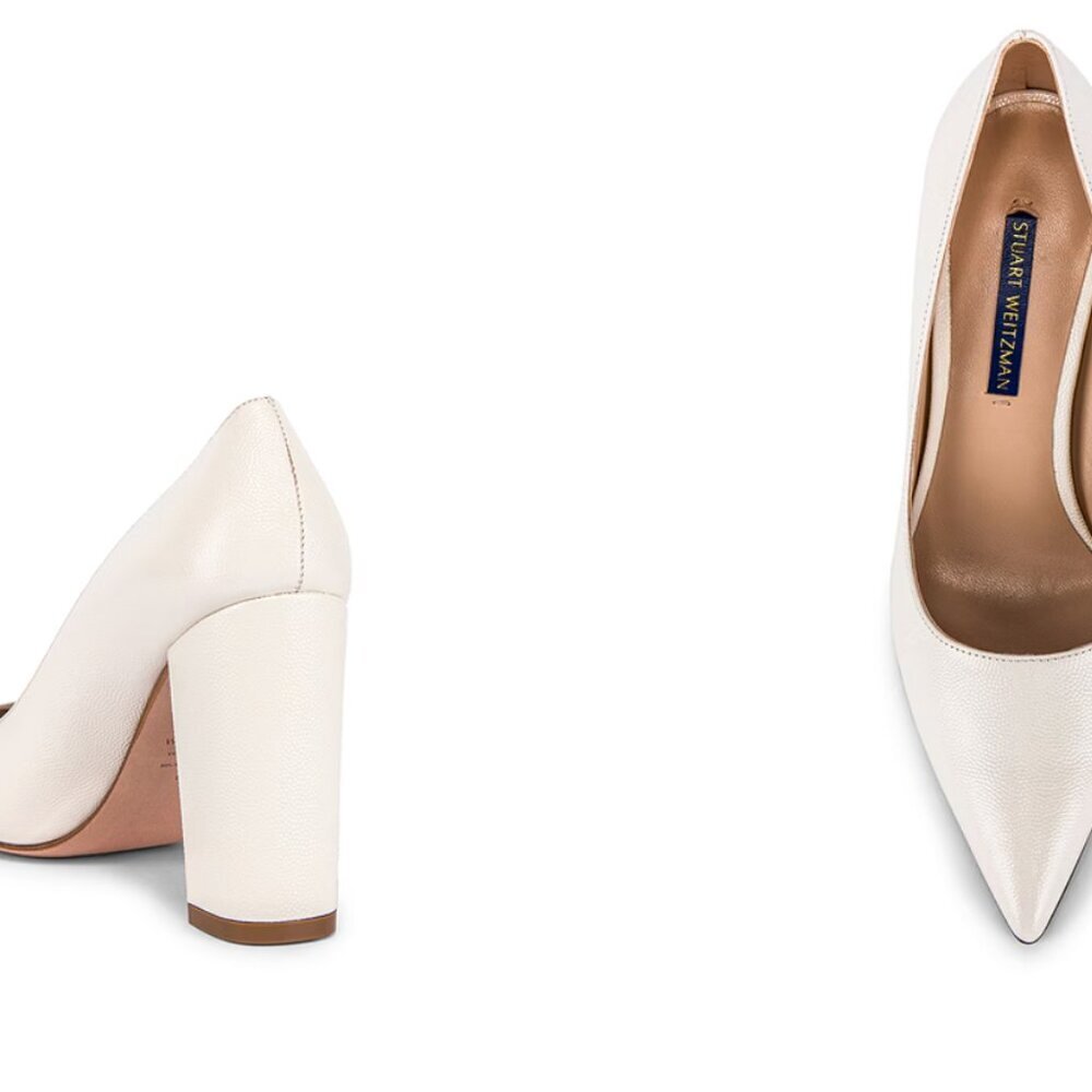 STUART WEITZMAN Laney Pointed Toe Block Heel Pebbled Leather Pumps Ivory 8 - Picture 9 of 9